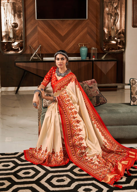 beige Beautiful Patola Designs ,USA Perfect for Indian wedding or party wear for women