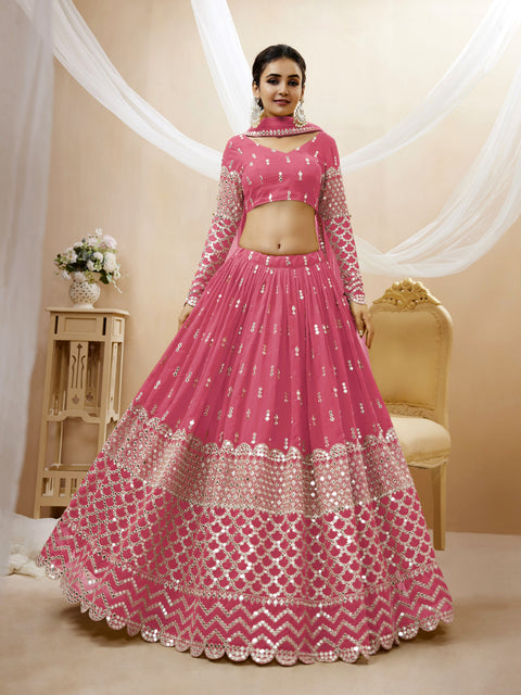 Artistic Pink Wedding wear Heavy Lehenga Choli for Women with Dupatta Sequence Lehenga Choli In USA