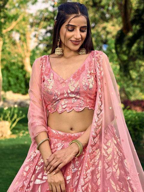 Pink Heavy Lehenga Choli for Women with Dupatta Sequence Lehenga Choli In USA