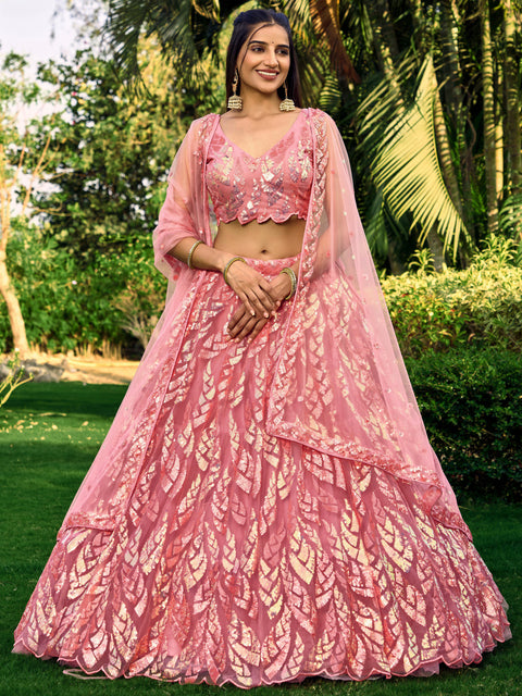 Pink Heavy Lehenga Choli for Women with Dupatta Sequence Lehenga Choli In USA