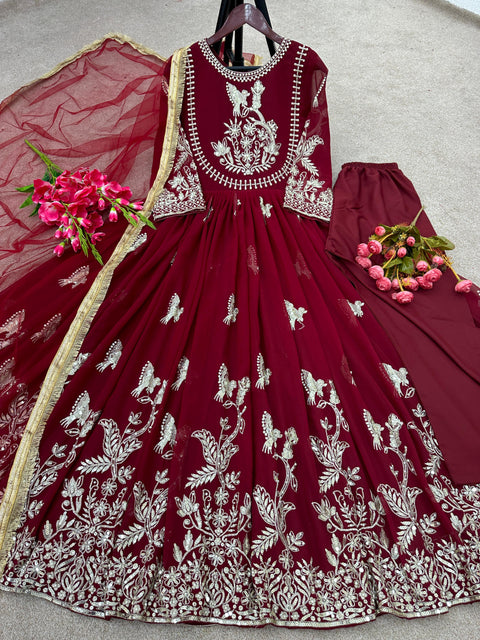 Red Georgette With Heavy Embroidery Sequence Work with Full Sleeve and Fully 3 Meter Flair Ready to Wear Dress For Woman