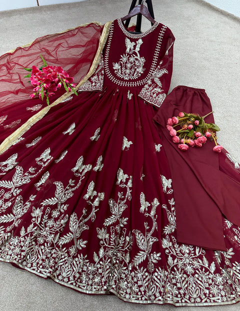 Red Georgette With Heavy Embroidery Sequence Work with Full Sleeve and Fully 3 Meter Flair Ready to Wear Dress For Woman