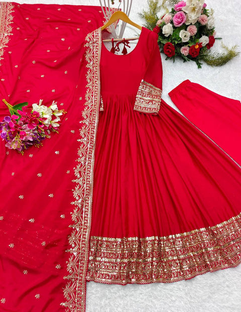 Red Chinon Silk Anarakali Gown -Pent  Dupatta Set For Women