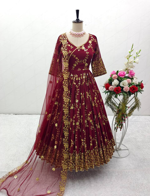 Red Fox Georgette Gown -Pent  Dupatta Set Fully Stitched  For Women