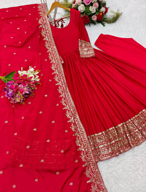 Red Chinon Silk Anarakali Gown -Pent  Dupatta Set For Women