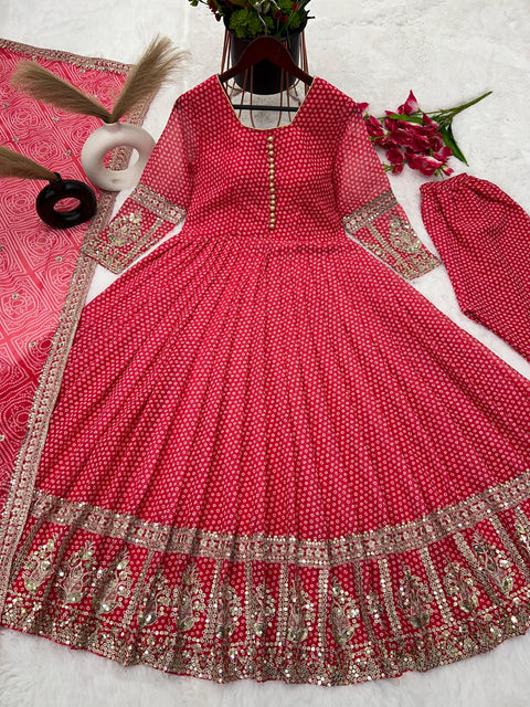 Red Party Wear Look Digital Print Gown With Embroidery Sequence Work With Bottom and Dupatta