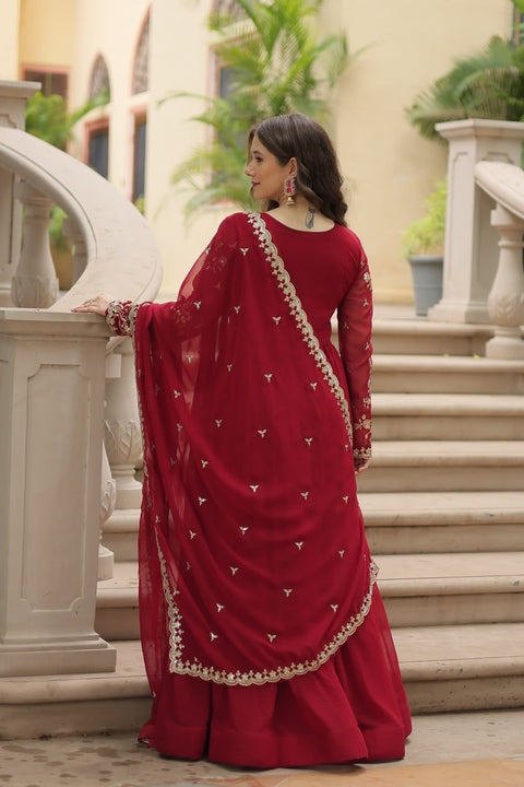 Red Faux Blooming gown with Sequins-Multi Embroidered Work, It looks graceful for women