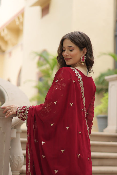 Red Faux Blooming gown with Sequins-Multi Embroidered Work, It looks graceful for women