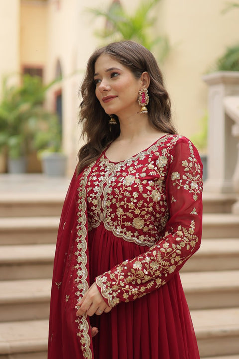 Red Faux Blooming gown with Sequins-Multi Embroidered Work, It looks graceful for women