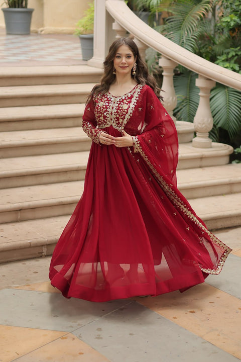 Red Faux Blooming gown with Sequins-Multi Embroidered Work, It looks graceful for women