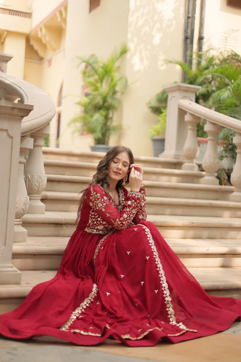 Red Faux Blooming gown with Sequins-Multi Embroidered Work, It looks graceful for women