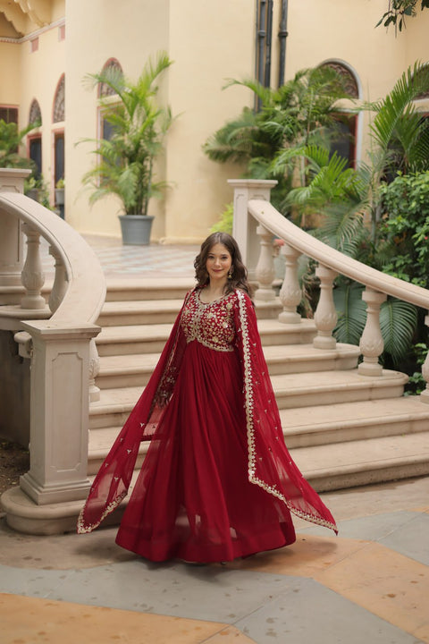 Red Faux Blooming gown with Sequins-Multi Embroidered Work, It looks graceful for women