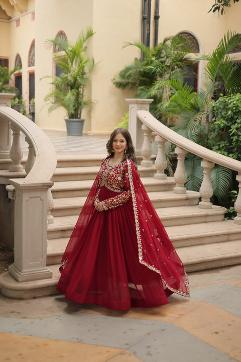 Red Faux Blooming gown with Sequins-Multi Embroidered Work, It looks graceful for women