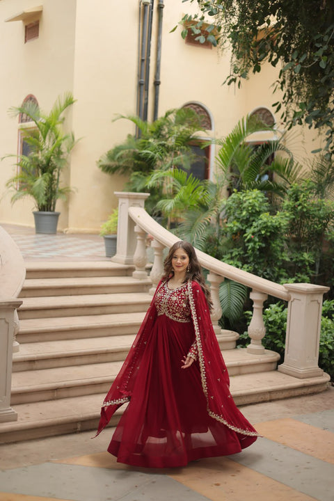 Red Faux Blooming gown with Sequins-Multi Embroidered Work, It looks graceful for women