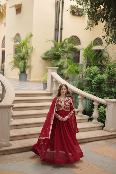 Red Faux Blooming gown with Sequins-Multi Embroidered Work, It looks graceful for women