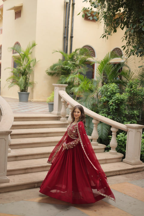 Red Faux Blooming gown with Sequins-Multi Embroidered Work, It looks graceful for women