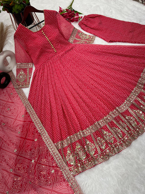 Red Party Wear Look Digital Print Gown With Embroidery Sequence Work With Bottom and Dupatta