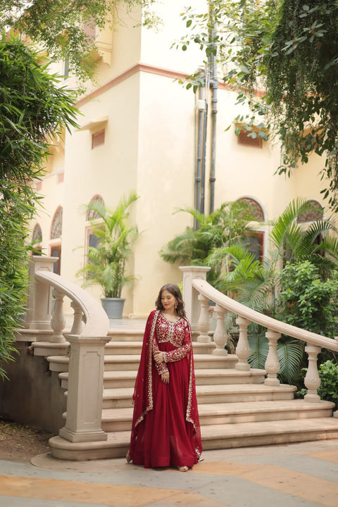 Red Faux Blooming gown with Sequins-Multi Embroidered Work, It looks graceful for women