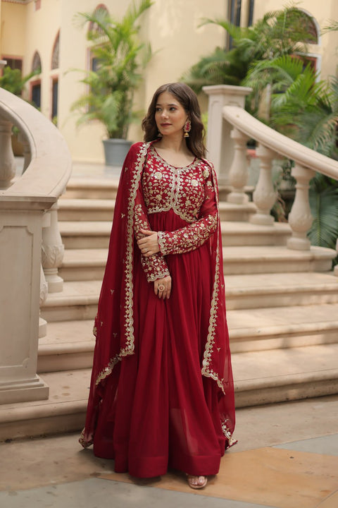 Red Faux Blooming gown with Sequins-Multi Embroidered Work, It looks graceful for women