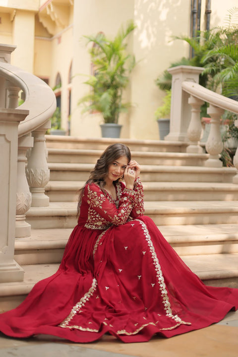 Red Faux Blooming gown with Sequins-Multi Embroidered Work, It looks graceful for women