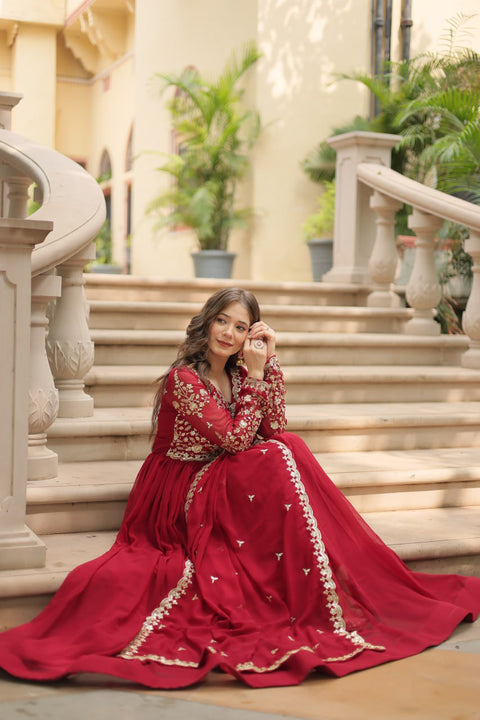 Red Faux Blooming gown with Sequins-Multi Embroidered Work, It looks graceful for women