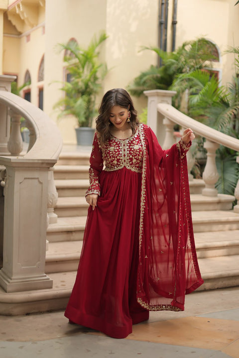 Red Faux Blooming gown with Sequins-Multi Embroidered Work, It looks graceful for women