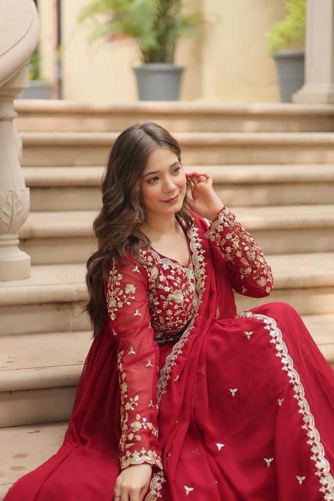 Red Faux Blooming gown with Sequins-Multi Embroidered Work, It looks graceful for women