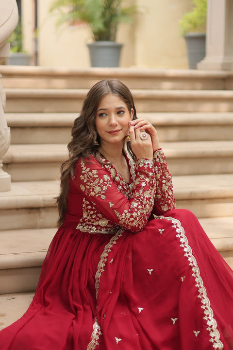 Red Faux Blooming gown with Sequins-Multi Embroidered Work, It looks graceful for women