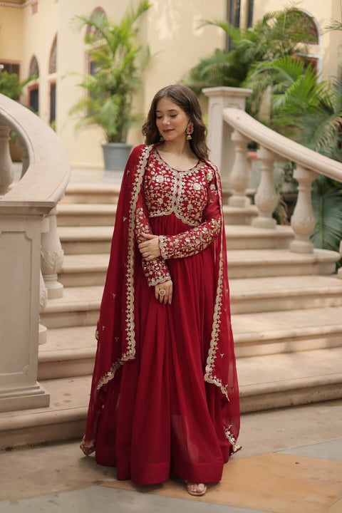 Red Faux Blooming gown with Sequins-Multi Embroidered Work, It looks graceful for women