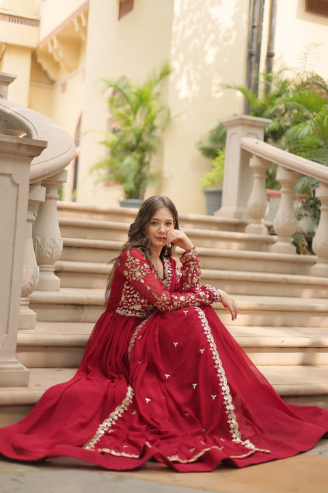 Red Faux Blooming gown with Sequins-Multi Embroidered Work, It looks graceful for women