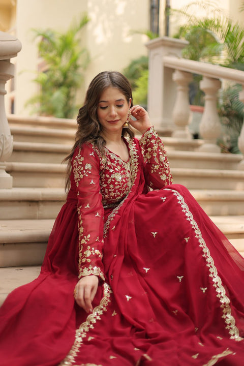 Red Faux Blooming gown with Sequins-Multi Embroidered Work, It looks graceful for women