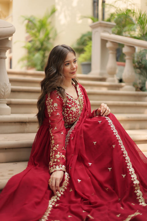 Red Faux Blooming gown with Sequins-Multi Embroidered Work, It looks graceful for women