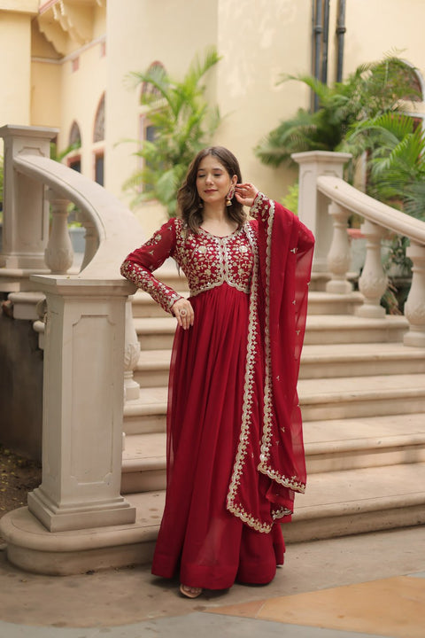 Red Faux Blooming gown with Sequins-Multi Embroidered Work, It looks graceful for women