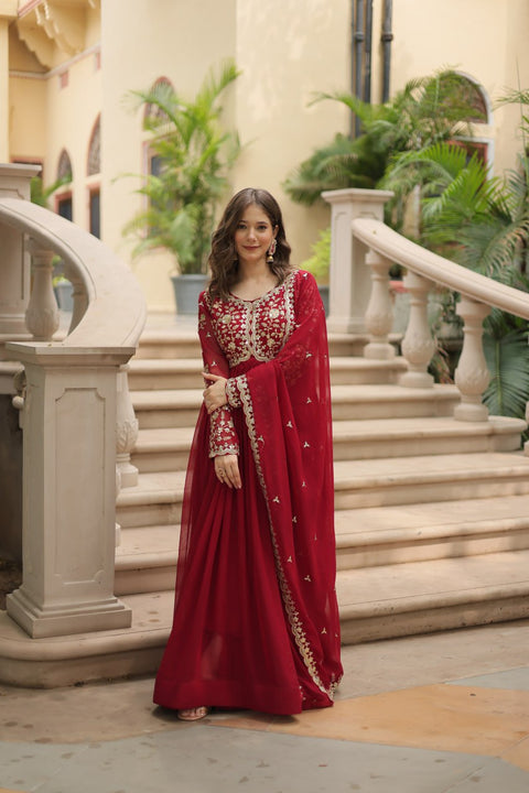 Red Faux Blooming gown with Sequins-Multi Embroidered Work, It looks graceful for women