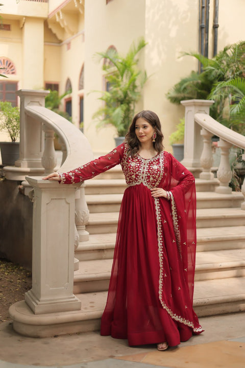 Red Faux Blooming gown with Sequins-Multi Embroidered Work, It looks graceful for women