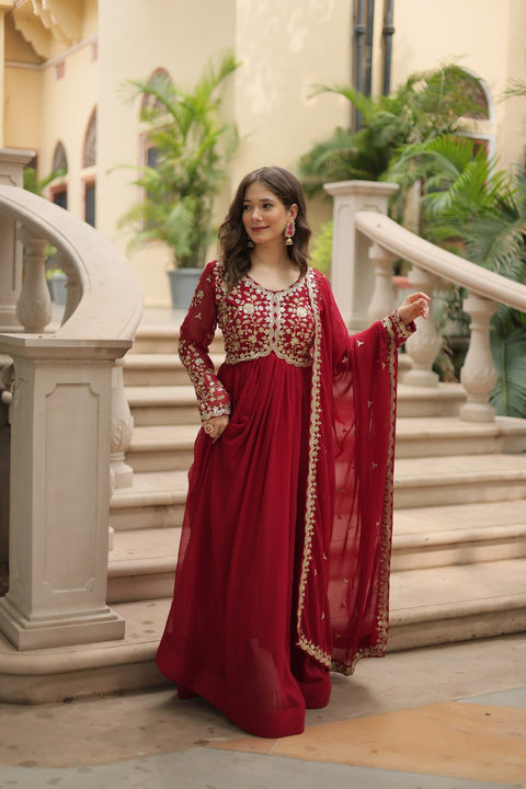 Red Faux Blooming gown with Sequins-Multi Embroidered Work, It looks graceful for women