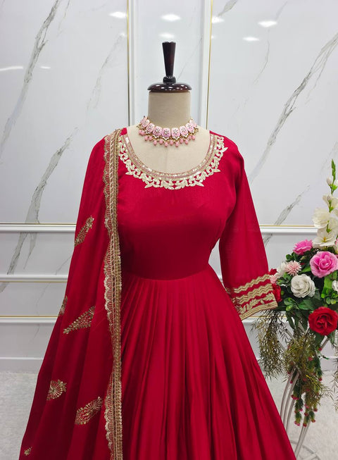 Red Pure Chinnon Silk Anarakali With Heavy Embroidery With Dupatta For Women