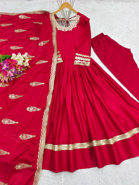 Red Pure Chinnon Silk Anarakali With Heavy Embroidery With Dupatta For Women