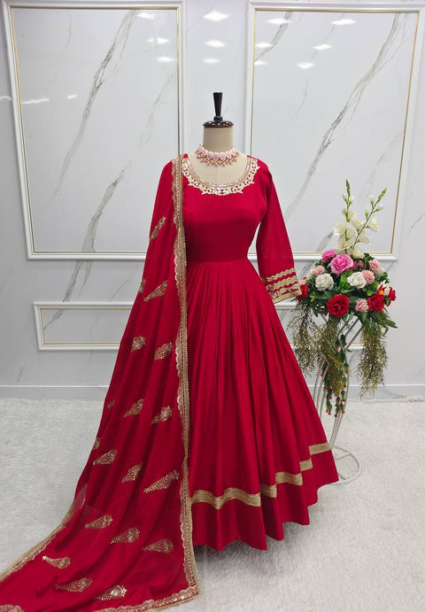 Red Pure Chinnon Silk Anarakali With Heavy Embroidery With Dupatta For Women