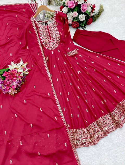 Pink  Embroidery Heavy Chinon Silk Anarkali Gown -Pent  Dupatta Set Fully Stitched For Women