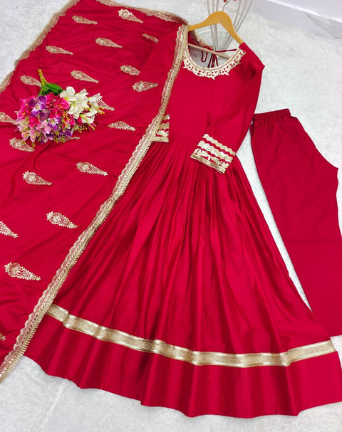 Red Pure Chinnon Silk Anarakali With Heavy Embroidery With Dupatta For Women