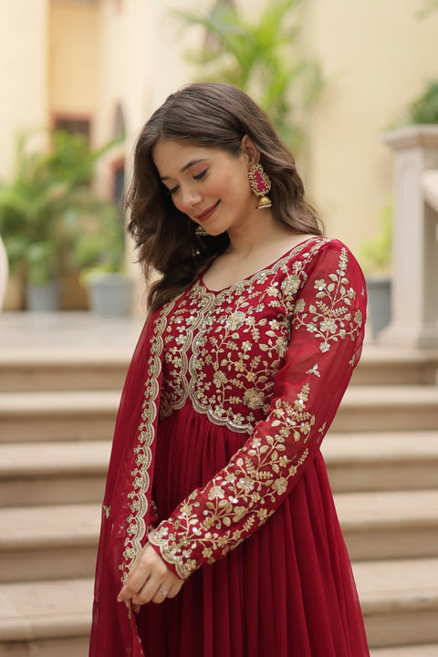 Red Faux Blooming gown with Sequins-Multi Embroidered Work, It looks graceful for women