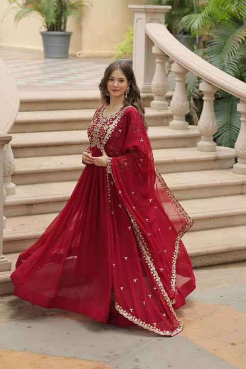 Red Faux Blooming gown with Sequins-Multi Embroidered Work, It looks graceful for women