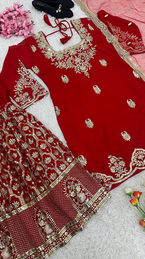 Red Party Wear Look Fancy Top-Dupatta and Fully Stitched Sharara