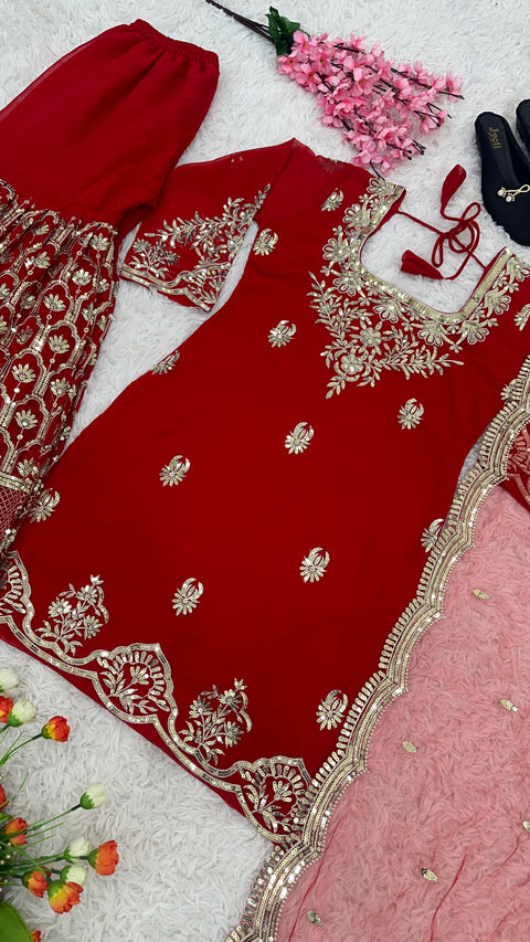 Red Party Wear Look Fancy Top-Dupatta and Fully Stitched Sharara