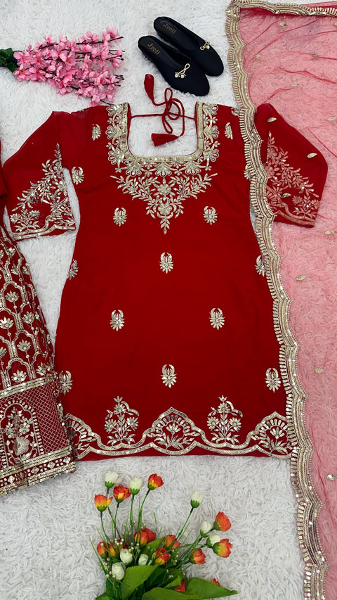 Red Party Wear Look Fancy Top-Dupatta and Fully Stitched Sharara