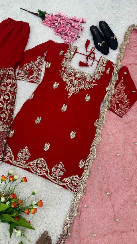 Red Party Wear Look Fancy Top-Dupatta and Fully Stitched Sharara