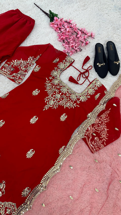 Red Party Wear Look Fancy Top-Dupatta and Fully Stitched Sharara