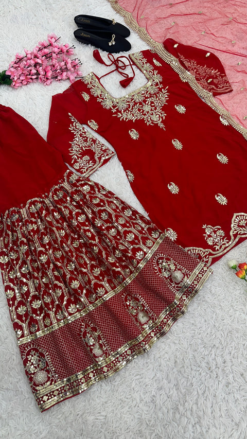 Red Party Wear Look Fancy Top-Dupatta and Fully Stitched Sharara