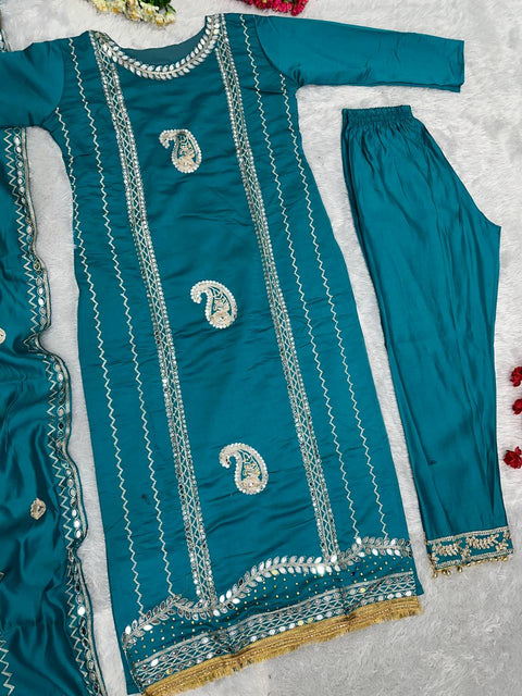 Teal Blue Designer Heavy Roman Silk Real Mirror Work Pakishtani Suit Set For Women